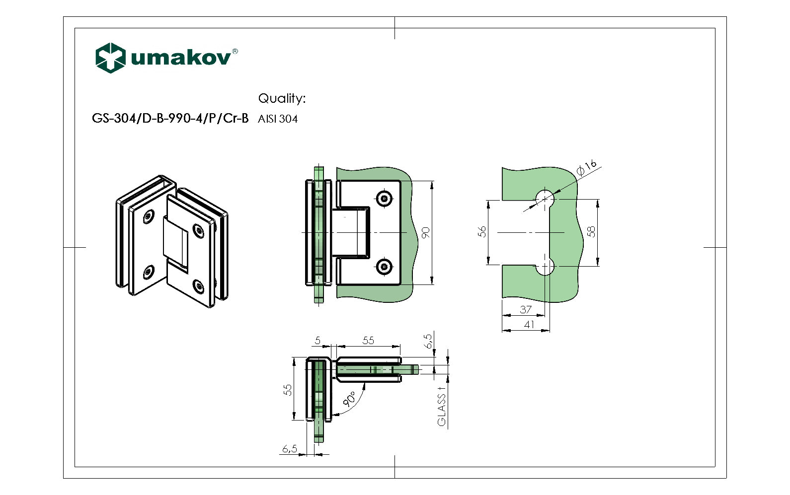 Rozsdamentes sarokzsanér üvegajtóra/üvegfalra 90°