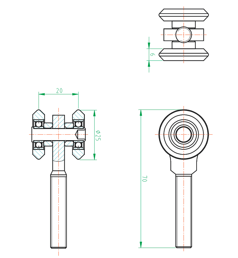 Függőkapu görgő (2x1), Zn, 33x34mm sínhez