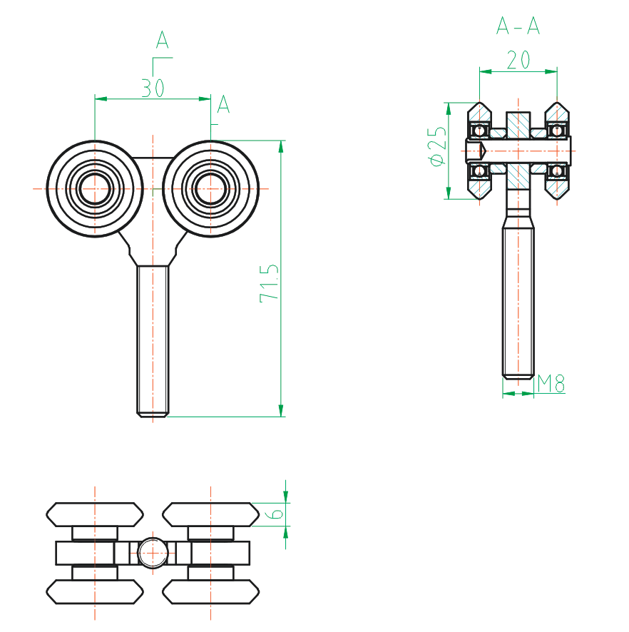 Függőkapu görgő (2x2), Zn, 33x34 mm sínhez
