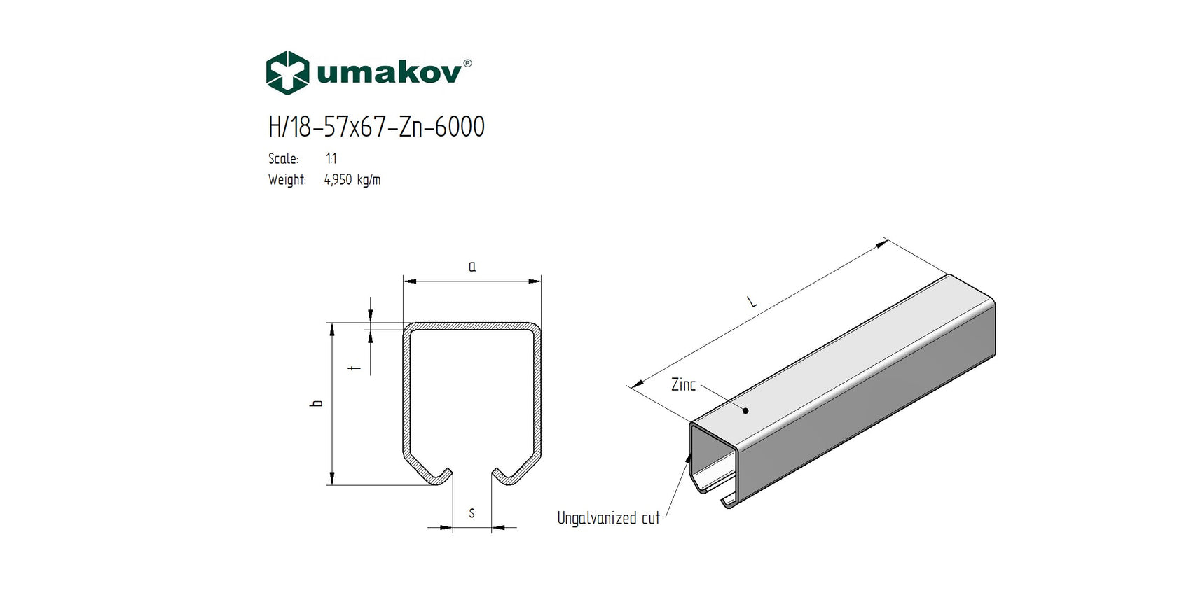 Függőkapu sín, Zn, 57x67x3mm, L6m