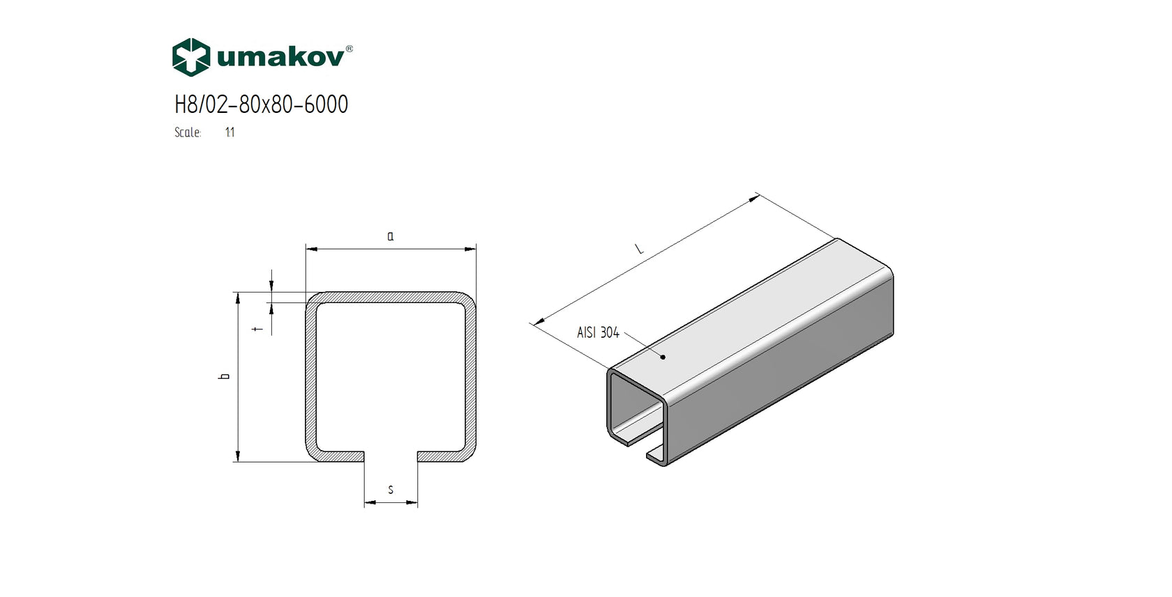 Rozsdamentes C szelvény úszókapuhoz 76x76x3mm, L6m