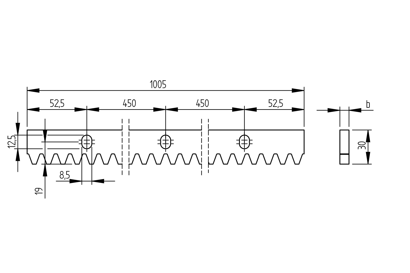 Horganyzot acél fogasléc, 30x10mm, L1m, max 1700kg