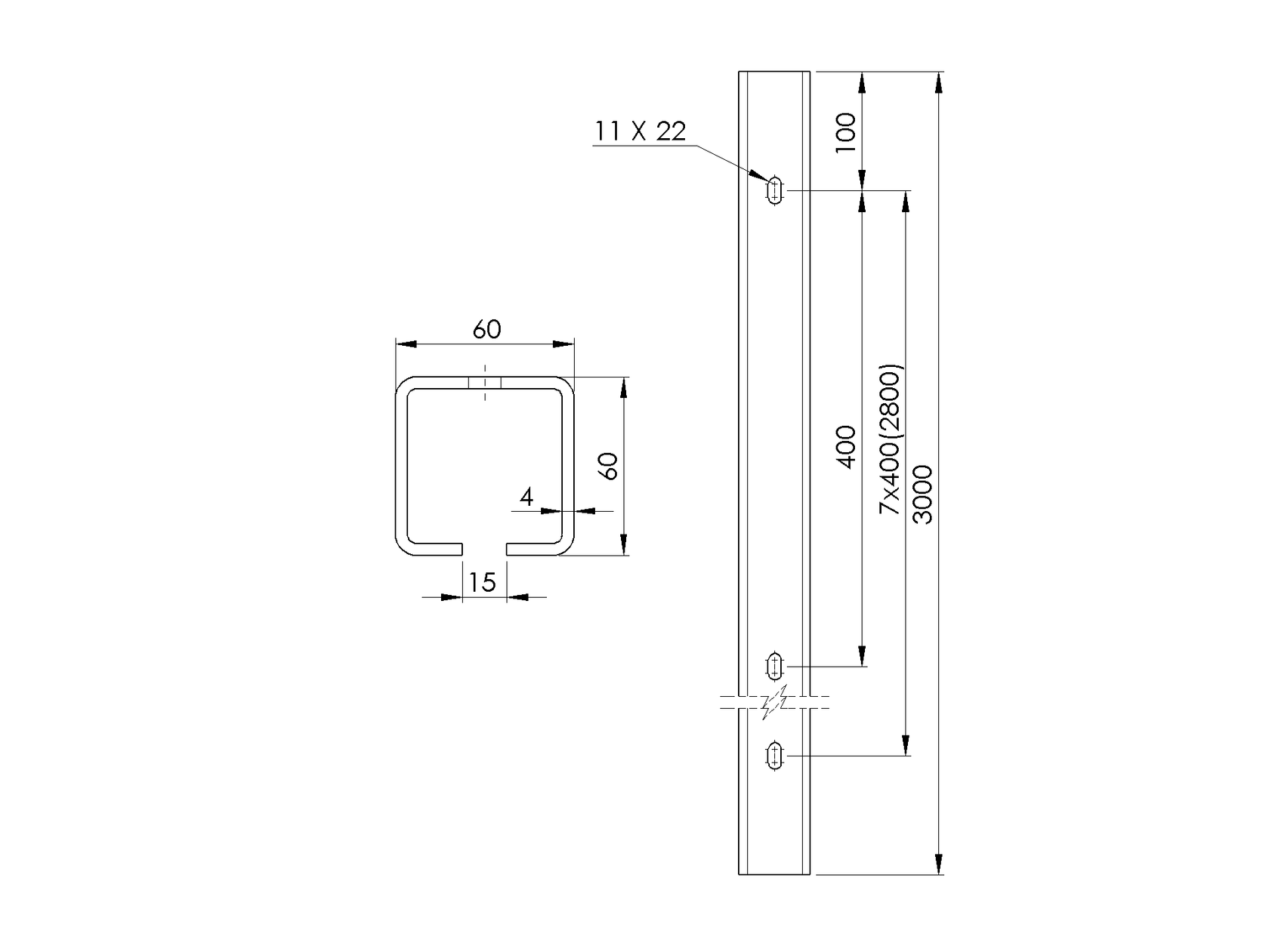 Lyukakkal ellátott vezetőprofil Zn, 60x60x4mm, L3m