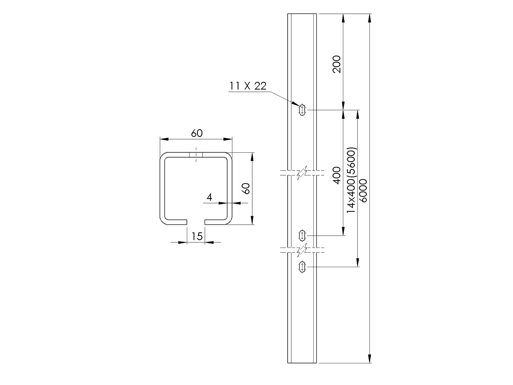 Lyukakkal ellátott vezetőprofil Zn, 60x60x4mm, L6m