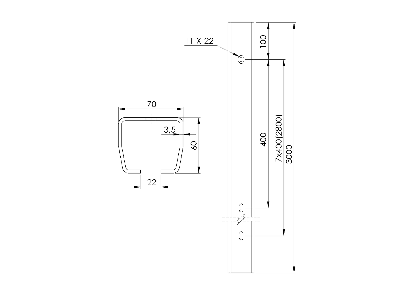 Lyukakkal ellátott vezetőprofil Zn, 70x60x3,5mm, L3m