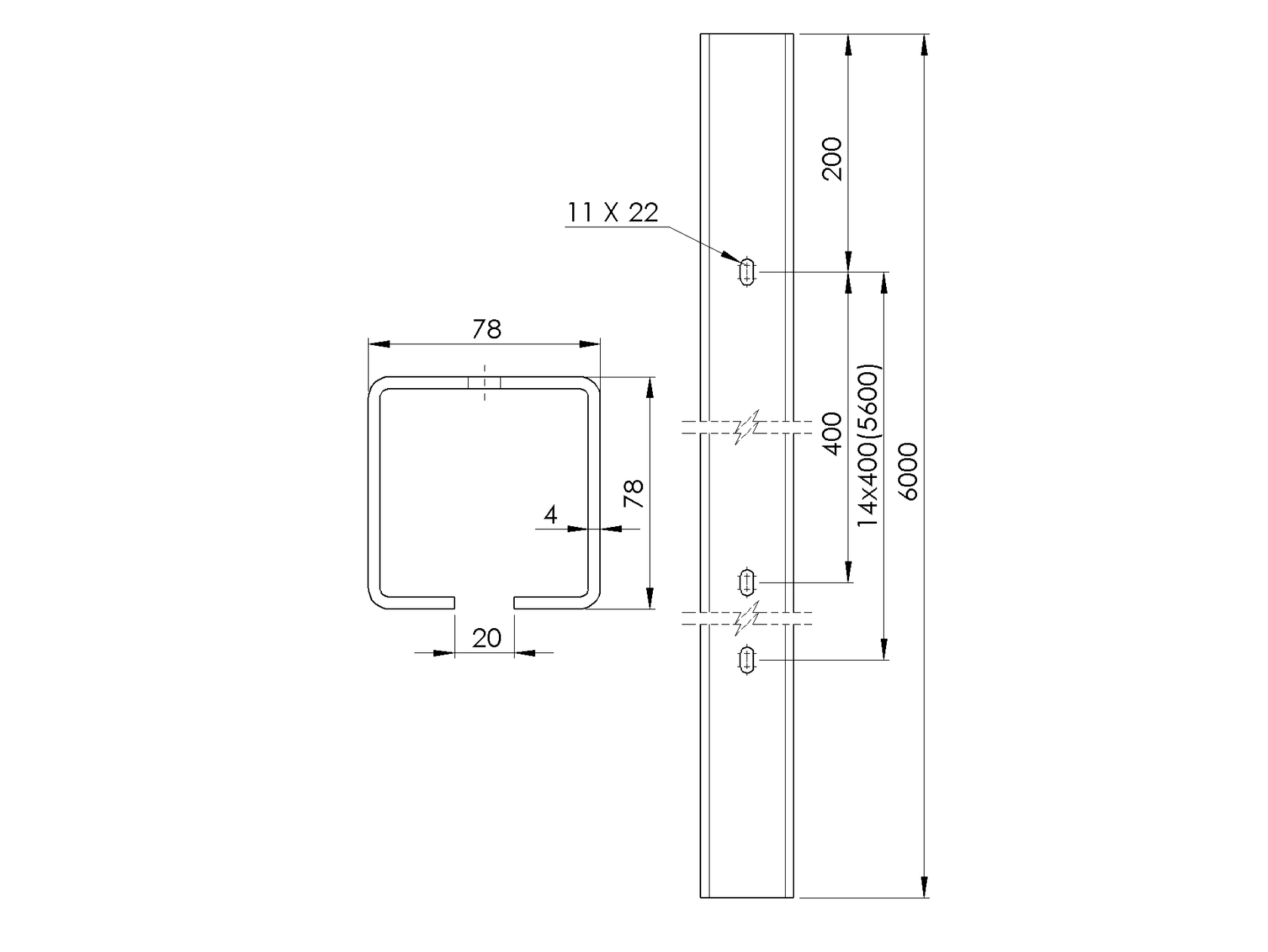 Lyukakkal ellátott vezetőprofil Zn, 78x78x4mm, L6m