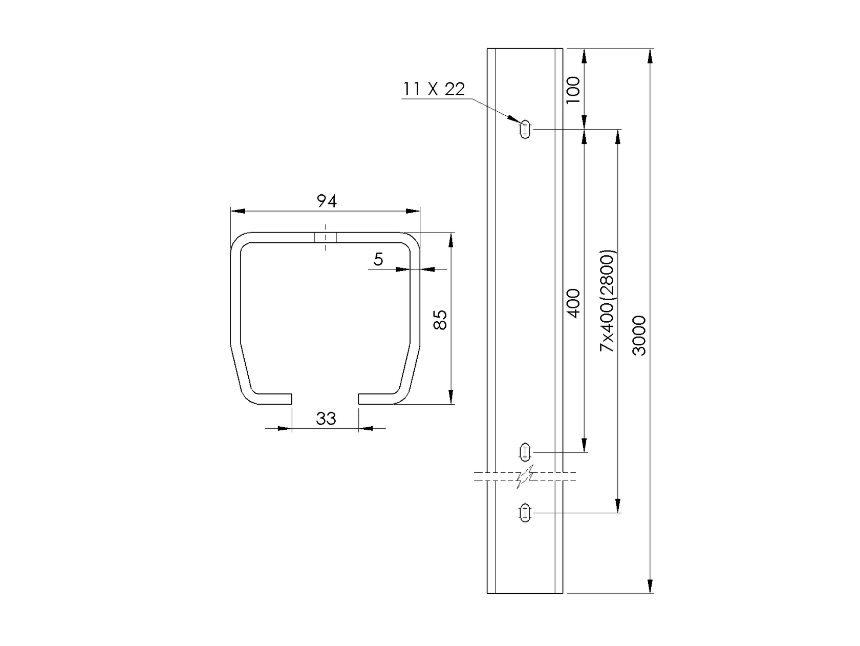 Lyukakkal ellátott vezetőprofil Zn, 94x85x5mm, L3m
