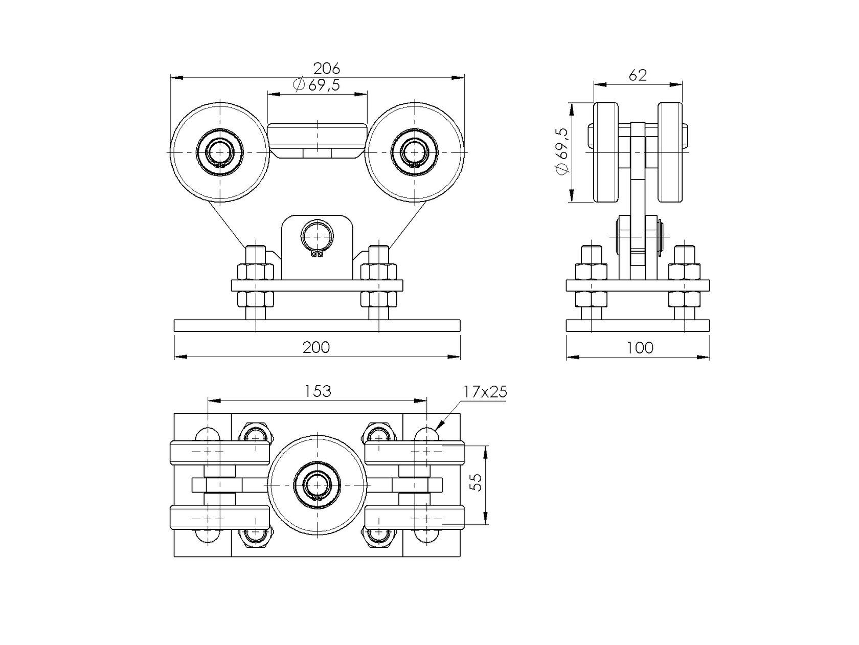 Kapugörgő PVC kerékkel 90x95mm profilhoz