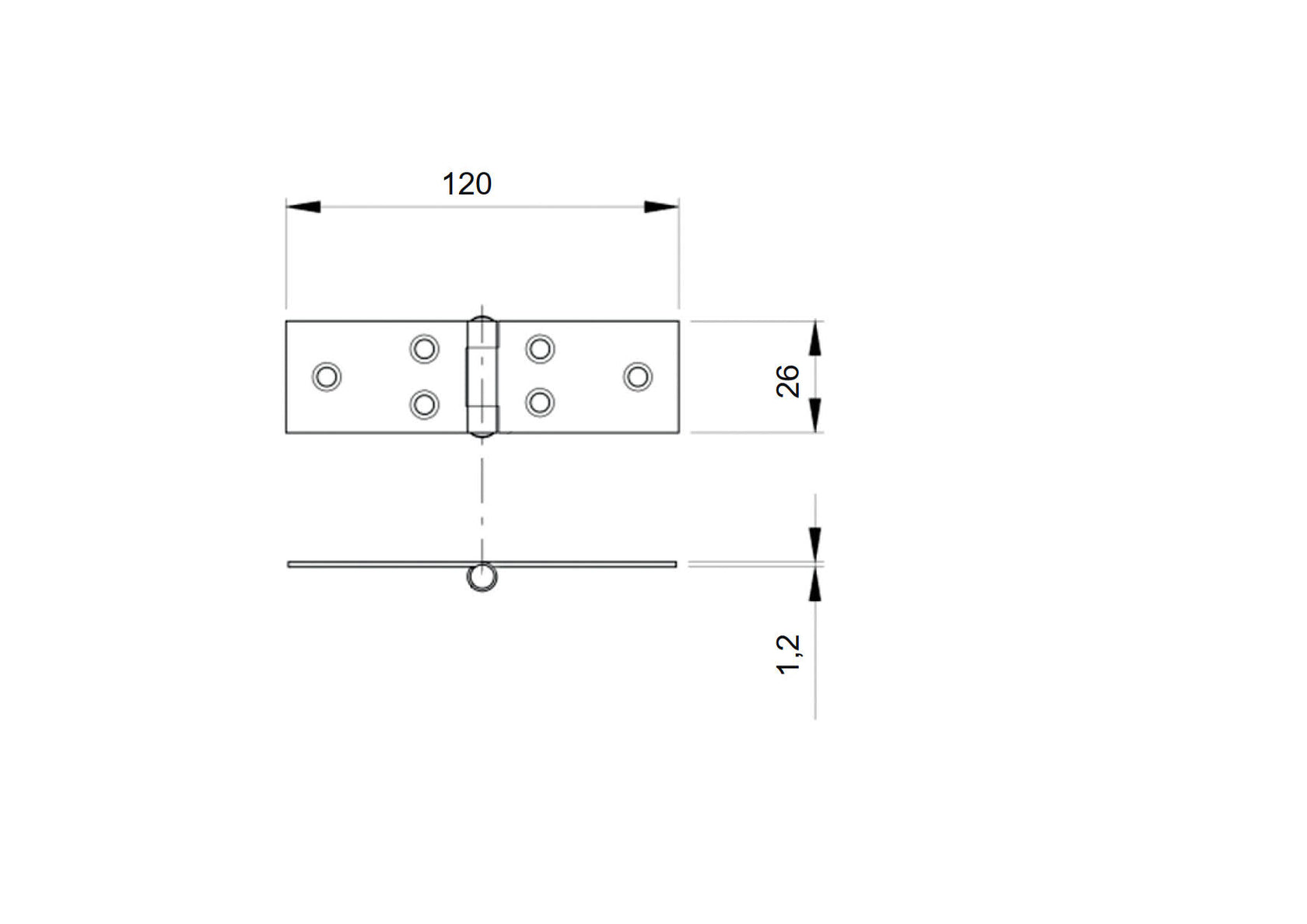 Saválló pánt sík felületre, INOX, AISI 304, L=26mm